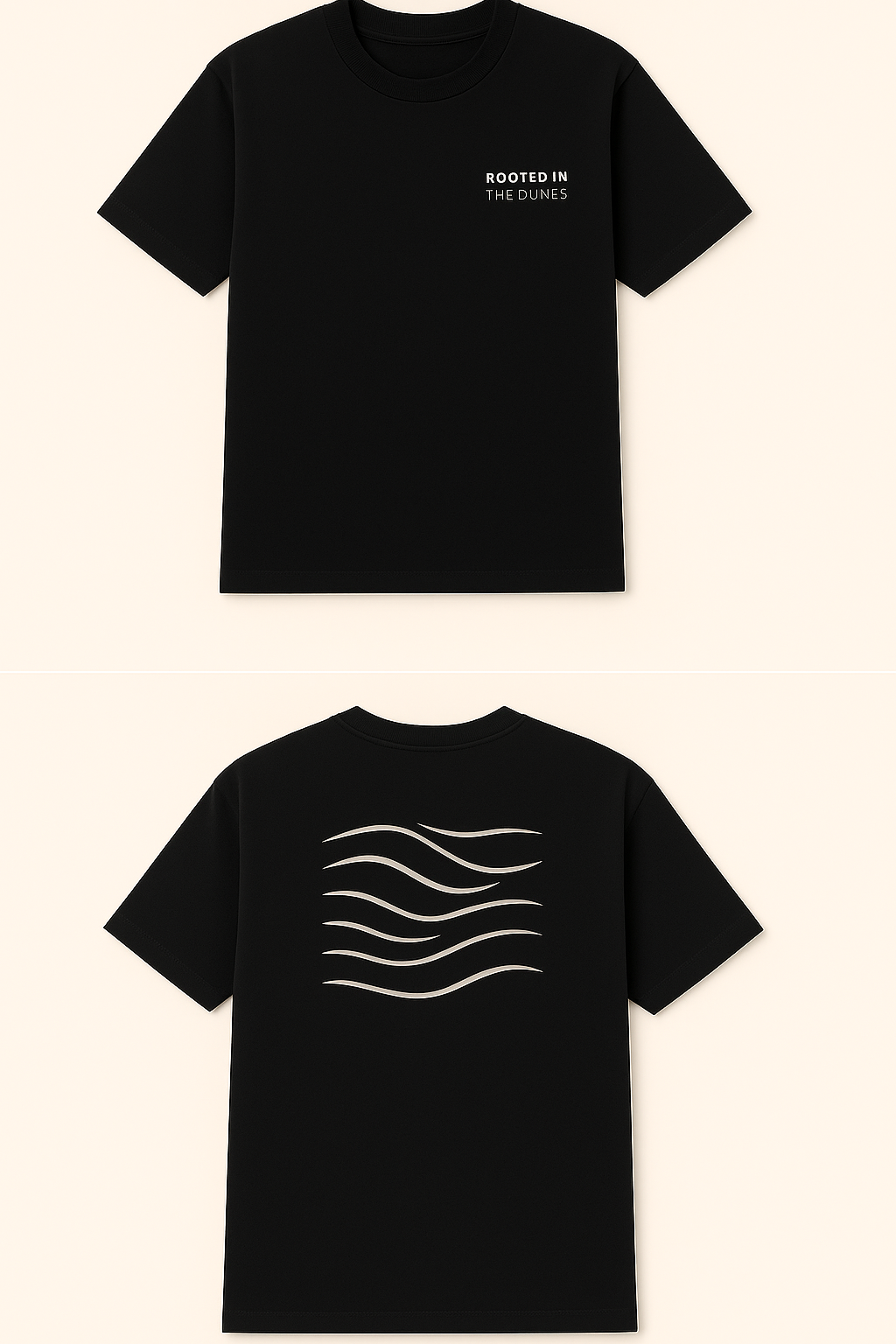 Black t-shirt with text on the front and wave design on the back against a beige background