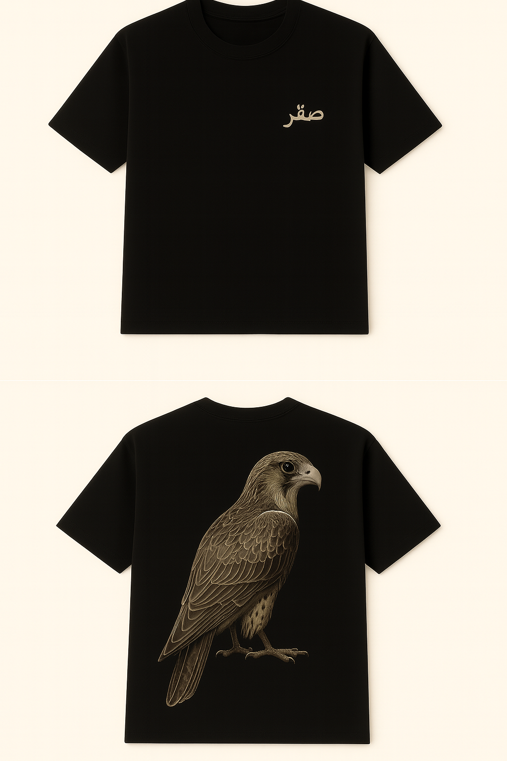 Black t-shirt with Arabic text on the front and a falcon illustration on the back